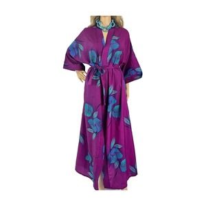 Vintage Floral Kimono Robe Hawaiian Purple Teal Beachy Vacay 80s